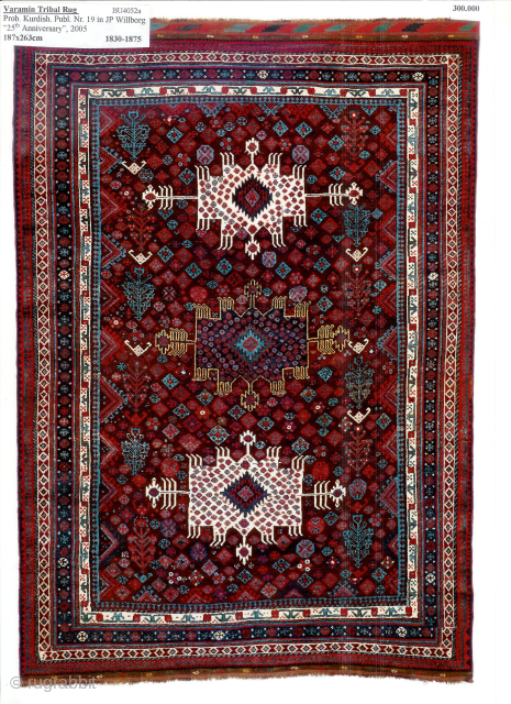 A stunning kurdish Varamin from 1830-75.
Published in Jpwillborg 25th anniversary 
187x263
Over all in a fantastic condition. 

Rare, rare collectors piece

Please contact me for additional pictures and price      