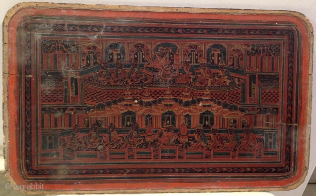 Antique Large Square Burmese Lacquer ware Serving Tray.

This lacquer serving tray from Burma (now called Myanmar) depicts has a central medallion with a mythical Burmese creature.

 Size: 1.1/2 x 29 x 47  ...