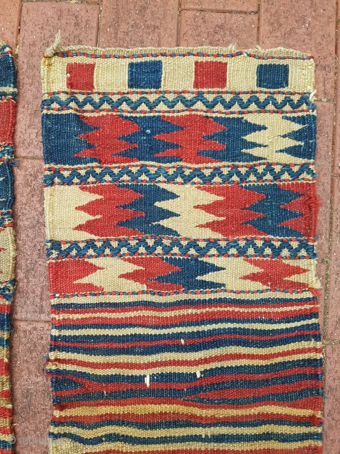 Small flatwoven tribal zigzag bags probably Kurdish. Coarse weave and all natural dyes. 

Each bag measures approx 82x38cm.

               