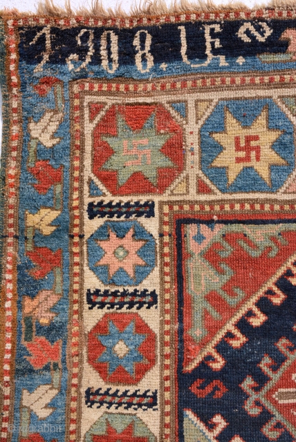 Dated (1908) Caucasian Karabagh Rug with star gulls, some repile areas as you can see on pictures. size is 274 x 125 cm.
          