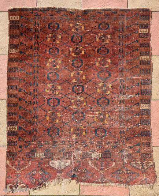 A very rare 19th century Kaz-ly-haq or Chobash? Engsi with Mina khani design. Size is 180 x 137 cm. All vegetable dyes, wool and cotton wefts. All the damage places are shown  ...