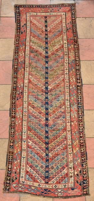 Caucasian Gandje Runner circa 1880, small flowers and chicks border. Good condition, more beautiful then pictures. size is 336 x 114 cm           