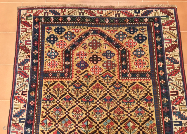 ANTIQUE CAUCASIAN SIRVAN PRAYER  RUG  SILK  END WOOL  CM 1.36 X 1.08  1850 CIRCA              