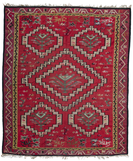 Large antique Sarkoy, Pirot kilim with 6 mirhab like medallions and 5 trees inside them.                  