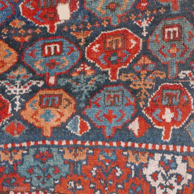 This is one highlight of our 25 Years Jubilee Exhibition "Persian Nomadic Textile Art 1992 - 2017": # 1100 Kordi Main Carpet Fragment, 165/105 cm, Khorasan, 1st half 19th century, sewn on  ...