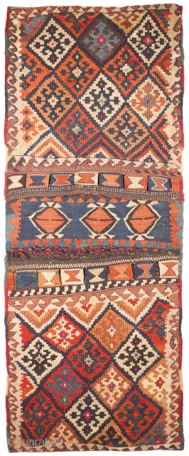 This was one highlight of our 25 Years Jubilee Exhibition "Persian Nomadic Textile Art 1992 - 2017": # 1113 Shahsavan Chanteh Khorjin, 33/85 cm, Northwest Persia, late 19th century, incredible fine kilim  ...