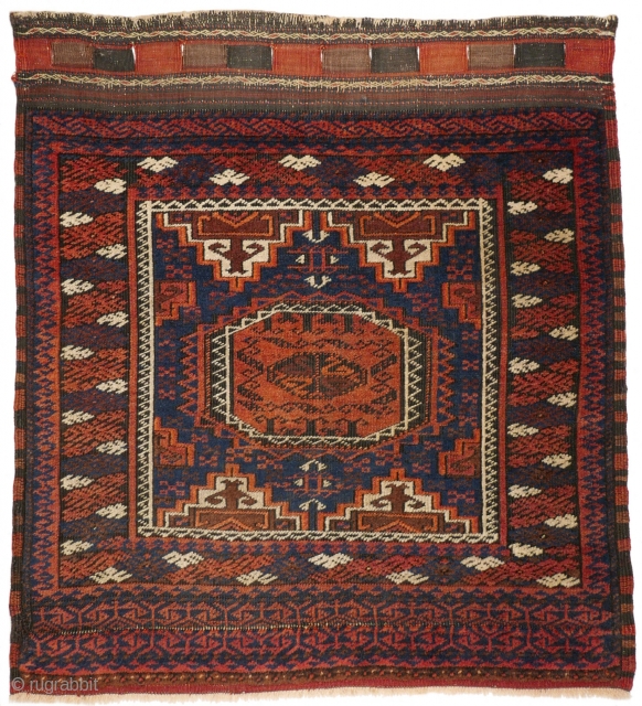 This is one highlight of our current exhibition "Spring Awakening": # 1143 Baluch (Salar Khani?)Khorjin Front, 72/79 cm, Khorasan, late 19th century, rare bag design, interesting borders, in very good condition! 
For  ...