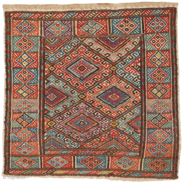 This is another highlight of our Spring Exhibition 2018: # 1139 Karadaghi Kurds mafrash side, 48/47 cm, Northwest Persia, 19th century, amazing natural dyes, cf. Azadi / Andrews, Mafrash, 1985, p. 223,  ...