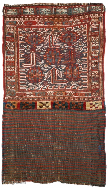 This is another highlight of our Spring Exhibition 2018: #1140 Luri-Bakhtiari khorjin half, 49/85 cm (opened), Southwest Persia, late 19th century, beautiful drawing, good natural dyes, in fair condition! For a complete  ...