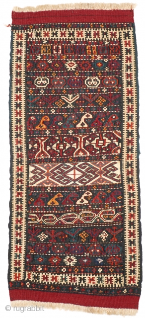 This is one highlight of our Autumn Exhibition 2017 "Inventions - Variations": # 1131 Kordi Flatweave Balisht, 31/72 cm, Darreh-Gaz-area, Khorasan, Northeast Persia, 1st quarter 20th century, magnificent dowry piece in mint  ...