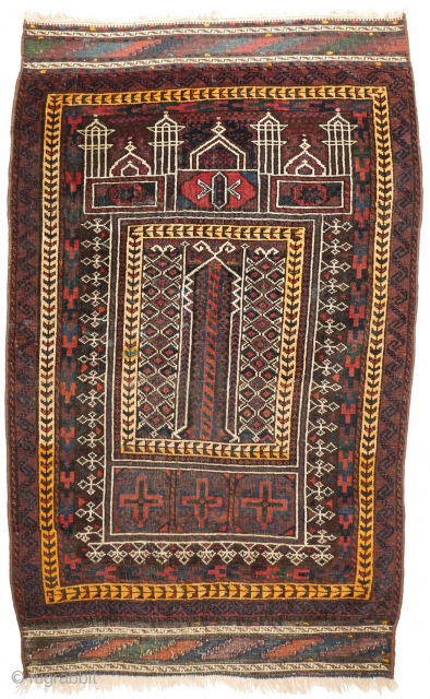 #1124 Baluch Prayer Rug, 88/140 cm, Farah / West Afghanistan, early 20th century, beautiful natural Blues and Greens, one synthetic dye as a highlight, one old restoration, sides rewrapped, a stain, in  ...