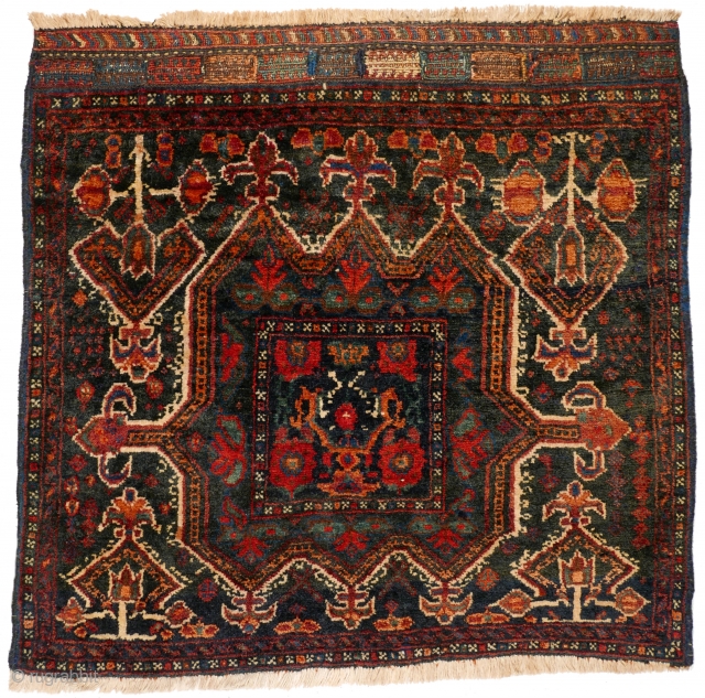 # 1107 Rare Kurdish Khorjin Front, 77/74 cm, from a village in the Bijar area, ca. 1900, traditional motifs, heavy Bijar structure, min. rep. and moth bites, now in good condition! For  ...