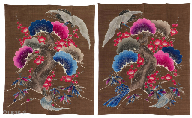 Rare Tsutsugaki Futonji Couple. 
Meiji Period (circa 1890), 156x125cm and 156x124cm. 
A complete representation of the symbols cards for the spouses, thus said Shochikubai and Tsurukame that in addition to the 'three  ...