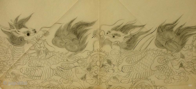 ‘Chasing dragons’ uchishiki drawing, Japan, Meiji (circa 1880), 82x47cm.
An ‘uchishiki’ was a triangular cloth used to cover the front and sides of altars in Buddhist temples. Such cloths were presented to the  ...