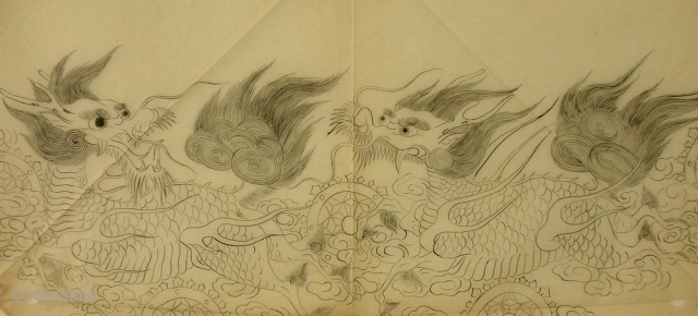 ‘Chasing dragons’ uchishiki drawing, Japan, Meiji (circa 1880), 82x47cm.
An ‘uchishiki’ was a triangular cloth used to cover the front and sides of altars in Buddhist temples. Such cloths were presented to the  ...