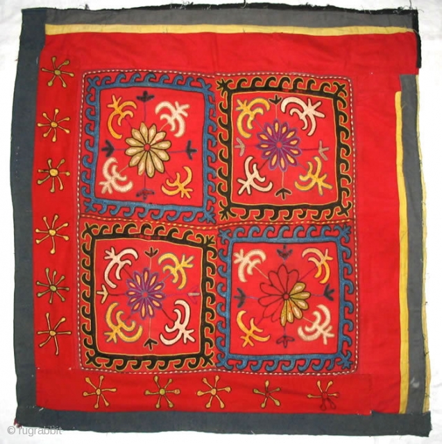 Antique Kirghiz nomads tent decoration, Central Asia, silk embroidered on red cotton foundation, circa 1900, dyes is natural. Size is 32x31 inches.           
