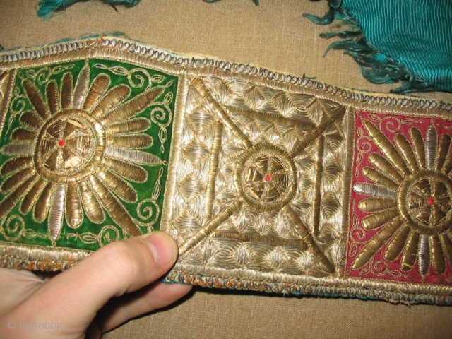 Antique Rare Uzbek Bukhara Wedding Headband, gold embroidery on green silk velvet and red cotton foundation, early 20th, in excellent condition, size is 22x5 inches.        