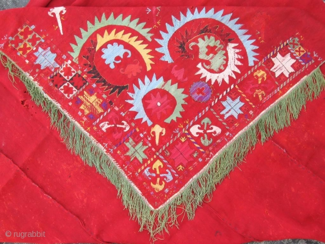 Antique rare Uzbek nomads Lakai embroidered piece, late 19th. Silk, wool embroidery on red VERY fine kilim, all dyes is natural. In good condition, have damaged places, see photos. Size is 200-190  ...