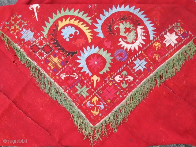 Antique rare Uzbek nomads Lakai embroidered piece, late 19th. Silk, wool embroidery on red VERY fine kilim, all dyes is natural. In good condition, have damaged places, see photos. Size is 200-190  ...