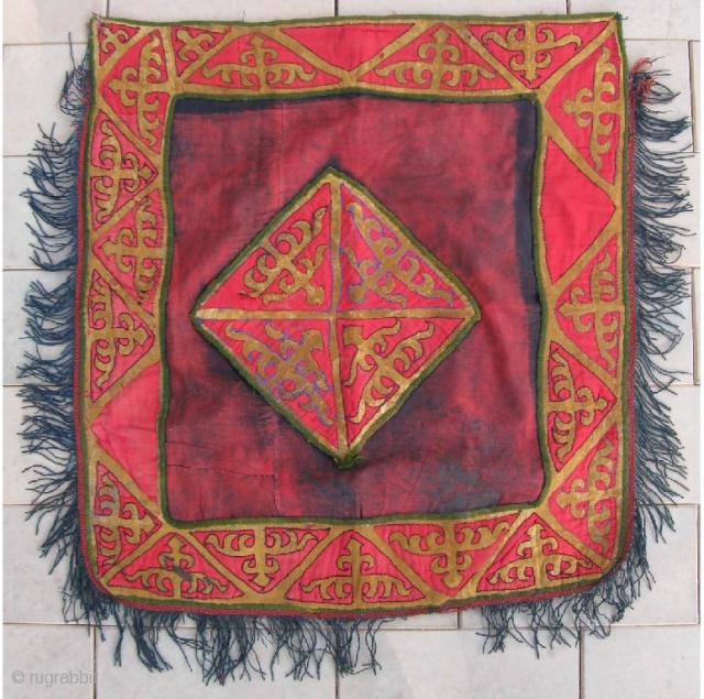 Kirghiz nomads applique, tent decoration, leather, velvet. Circa 1900. Large size is 64-58 cm, 26-23 inches, without fringes.               