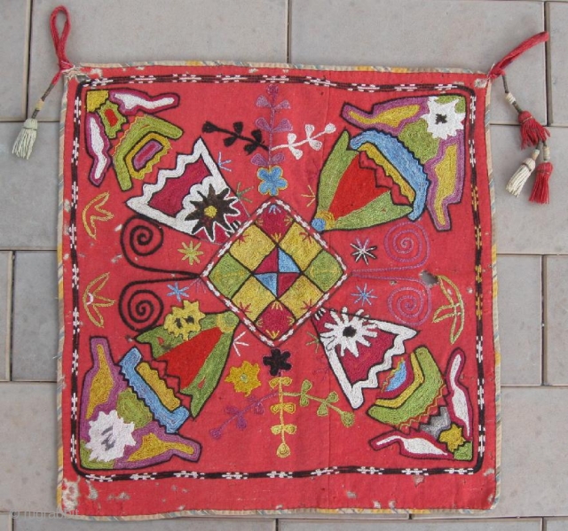 Antique Uzbek Lakai nomads tent decoration, silk embroidered on red wool foundation, circa 1900. Size is 42-40 cm, 17x16 inches. In very good condition, all dyes is natural.     