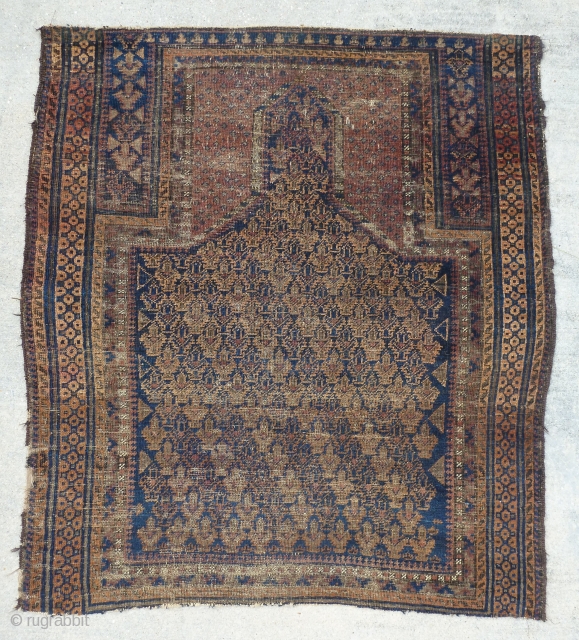 Antique early Dokter-e-Qazi / Dokhtar-i-Gazi (Many spellings seem to exist.) prayer rug. Early example with small amount of white and yellow accents. Probably not a rug for the floor, but to hang.  ...