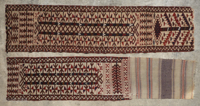 Two Antique Fragments of a Turkmen / Turkoman Tentband - Tribe?

Two fragments of a large Turkmen tentband. Circa 1900 +/-. Beautiful colors including some aubergine. Wool with white cotton knots. I will  ...