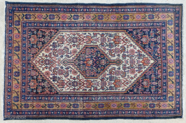 Antique late 19th century Senneh / Senna Persian mat / small rug. Beautiful intense colors including a yellow background border. Border has a muted yellow background Finely woven with an average knot  ...