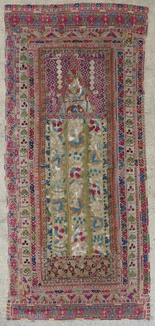 Beautiful antique Ottoman Greek embroidery arched prayer panel known as a quibla. It is composed of various antique Ottoman Greek embroideries in order to create a prayer mat, which are probably from  ...