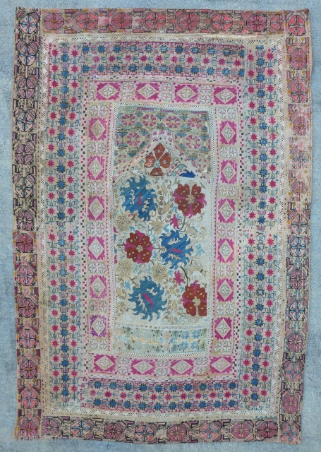 Beautiful antique Ottoman Greek embroidery arched prayer panel known as a quibla. It is composed of various antique Ottoman Greek and Anatolian embroideries in order to create a prayer mat, which are  ...