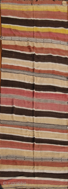 Flat-weave  rug. Glaoua. 
Origin: Morocco. High Atlas. Berber
Size:4'6"X12'10" 
Age: c. 1970. 
Wool and Goat Hair . Bands of plain weave and narrow bands of brocading  
Condition: Very good. 
The boldness  ...