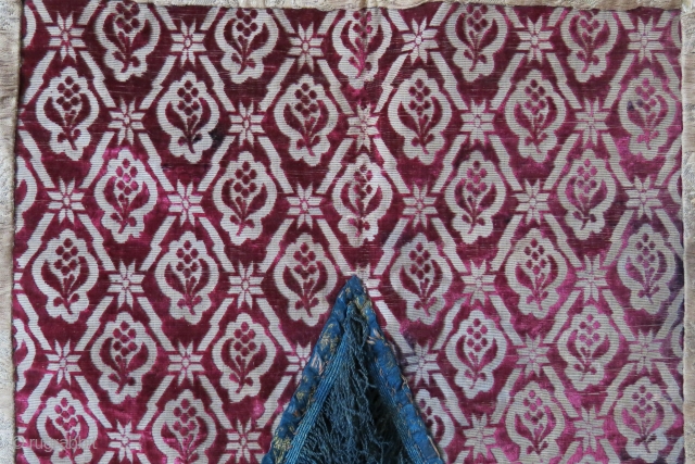 Azerbaijan - Baku Niche curtain, velvet chatma center and brocade sides with silk tassel. Plain indigo dyed cotton backing. Left side brocade has no stain- darkness is from the light not hitting  ...