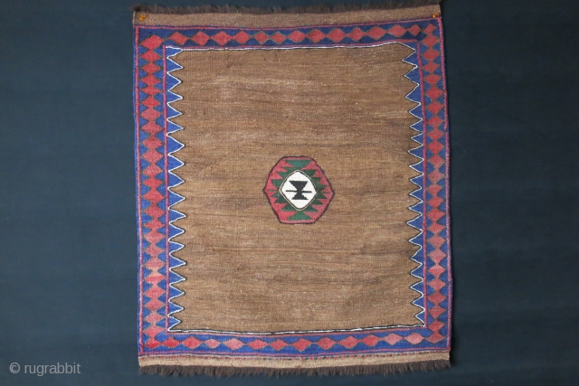 Veramin Sofreh - eating mat, camel hair background. kilim weave with lazy lines, circa 1930s. size : 35" X 31" - 89 cm X 79 cm       