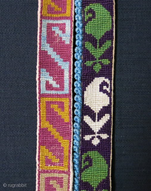 Uzbekistan Lakai silk embroidery belts. Circa 1900 or earlier Size: Longer one: 52” /132 cm long – 1 ¼ “ / 3 cm wide – Short one – 39” / 99 cm  ...