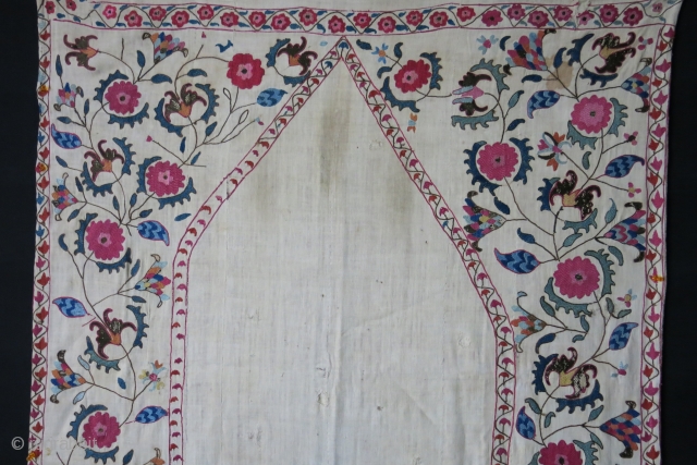 Tajikistan antique suzane, as seen on images, it has old patch form the days used for praying.. It is rare to see used ones..great colors, embroidered on hand loomed cotton and natural  ...