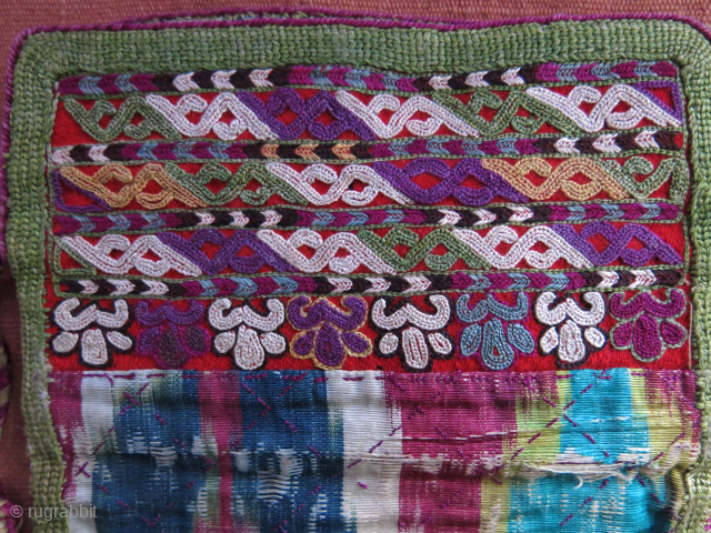 Turkmen Chodor small folding bag for valuables, silk embroidery and silk adras ikat with original securing braided string. size 8 1/2 " by 6" circa 19th cent. vedatkaradag@gmail.com     