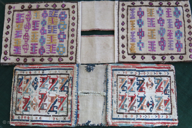Shahsavan mini double bags. larger one has silk weave on warpface background.smaller one wool weave on warpface background. natural colors great conditions for their age circa 1900s or earlier. Minor touches in  ...