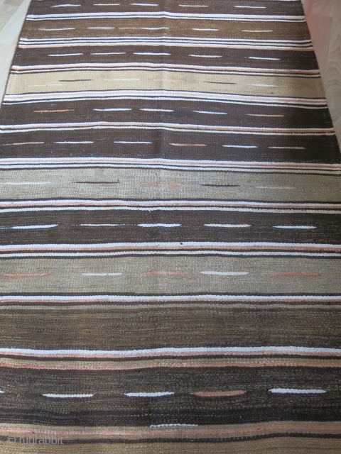 Eastern Turkey Kurdish kilim, It is woven very strongly with camel hair, goat hair, wool and very small cotton, close up image shows black goat hair being used on surface weaving in  ...