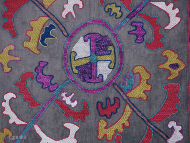 Tajikistan Lakai mirror cover, silk embroidery with traditional natural colors and zoomorphic drawing. Plane cotton backing, replaced on the way. Circa 1900 or earlier.. Size : 30" X 27" - 76 CM  ...