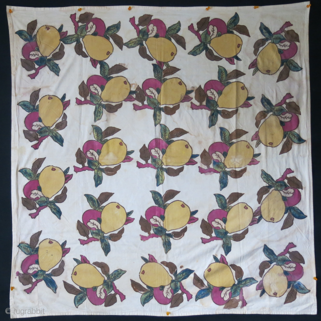 Anatolian printed and painted blockprint Bokhca. Most probably they are pear fruits. some stains seen in images however it is still fun to look at them. Lined with plain fine cotton. Circa  ...