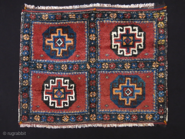 Persia Kurdish pile bag face, Goat hair, cotton mixed warps. Saturated natural colors. very small spot low pile..Circa 1900 or earlier.  Size: 27” x 22” – 69cm x 56cm.   