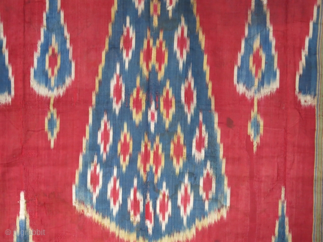 Persia Yezd Zoroastrian silk ikat hanging condition issues, some old over stitching repairs. Hand loomed cotton backing. 19th cent. size : 79" X 46.5" - 199 cm X 118    