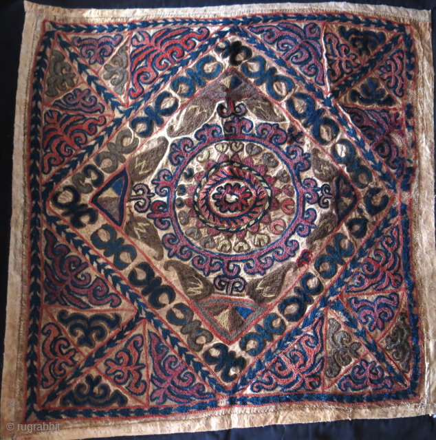 Kırgiz talisman hanging wool emrboidery on leather with traditional motifs, circa 1900 or earlier. Size 20 X 21 inch 53 cm X 51 cm vedatkaradag@gmail.com        