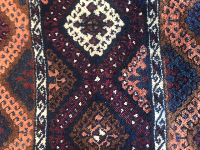 19th c anatolian Yoruk long rug 3'5" X 8'7"
rich color, full silky soft pile. no holes or stains. goat hair warp, original kilim end, and selvedges but 8" of selvedge with 2  ...