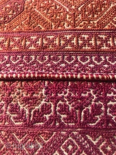 19th c 3  pieced  fez embroidery, silk on linen. 32x35". good condition. two shades of red
Colors still vibrant. 2" area of jagged tear with silk preserved.     