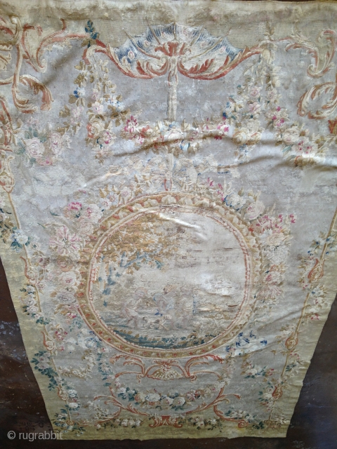 French Aubusson Tapestry wool and silk is in poor condition but complete
Size 6'00"X10'08" feet                   