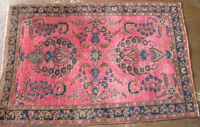 Circa 1900 Fereghan Sarouk measures 3’3” by 4’10”. It is a beautiful very pure red with which seems to radiate out into the rug. It has a lovely floral pattern which comprises  ...