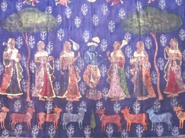 EARLY PITCHWAI or Indian religious painted Hanging.Late 18c or early 19c
from Rajasthan or Deccan for the indian market. Krishna playing flute under a moon is surrounded by eight gopis with fans, parasols  ...