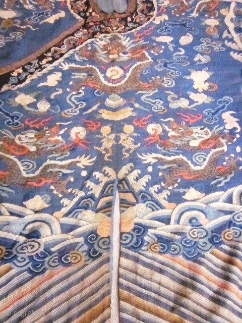 CHAOFU or Semi-Formal Court chinese robe from the Qing dynasty in Kesi (silk tapestry). it is composed of three vertical panels including one crossing the front  and closed by five buttons.  ...