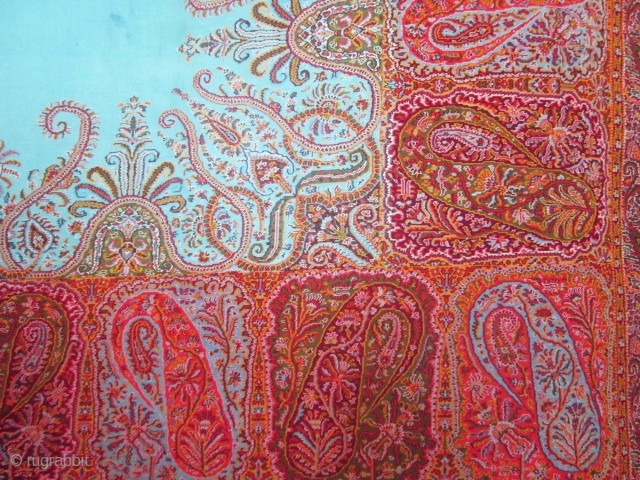 Great french turquoise Paisley shawl circa 1840.Very interesting french cashmere shawl beautifully made. The composition of interlocked paisley design is quite amazing. Harlequin boteh medallions surround a brilliant turquoise center !. Fringes  ...